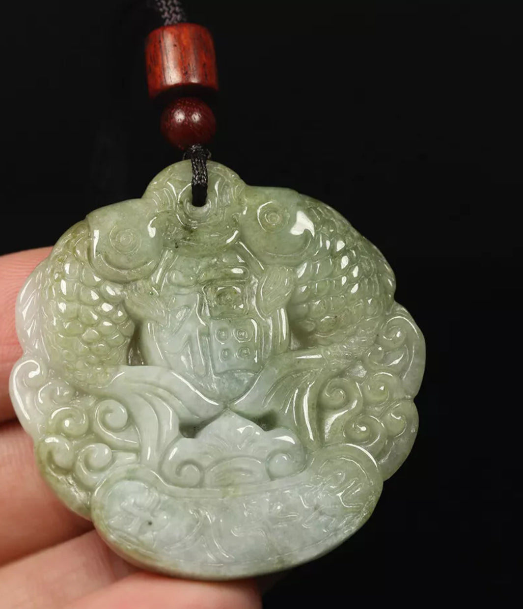 VINTAGE ICY Green Jade Double Fish Pendant Certified Feng Shui Healing Pendant