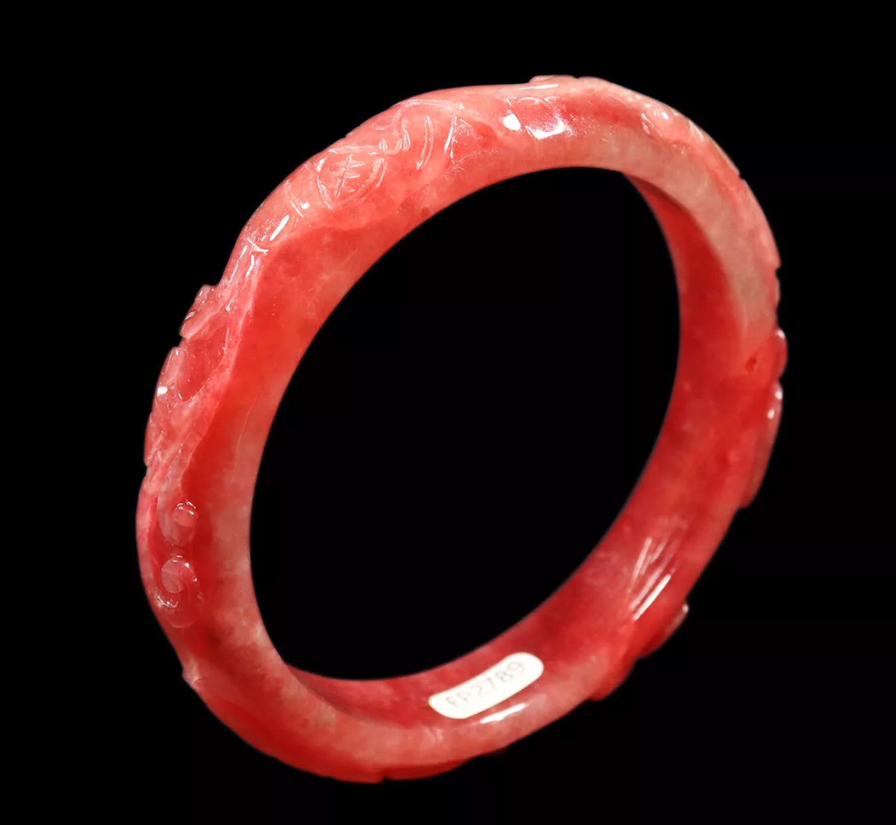 VINTAGE XL Jadeite Red Jade Bangle Handcarved FLOWER Size 65mm S631 - JazzyJewelbyAmina 