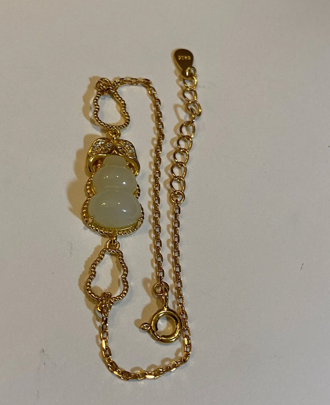 18k Gold Over Sterling Silver Hetian Yu White Jade Hulu Gourd Bracelet - JazzyJewelbyAmina 