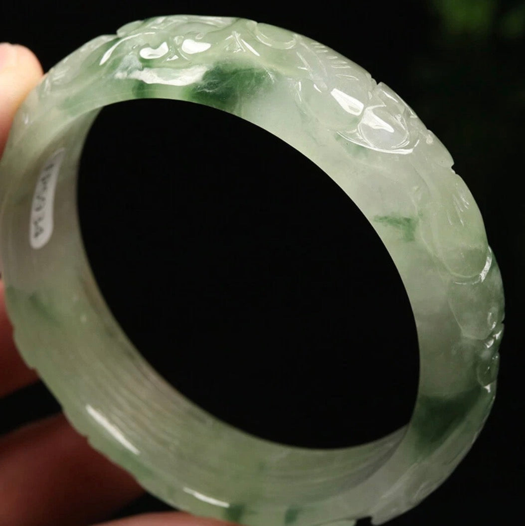 VINTAGE Jadeite Green/White Jade Bangle Hand-carved Flower Bat Butterfly Size 56 MM S921