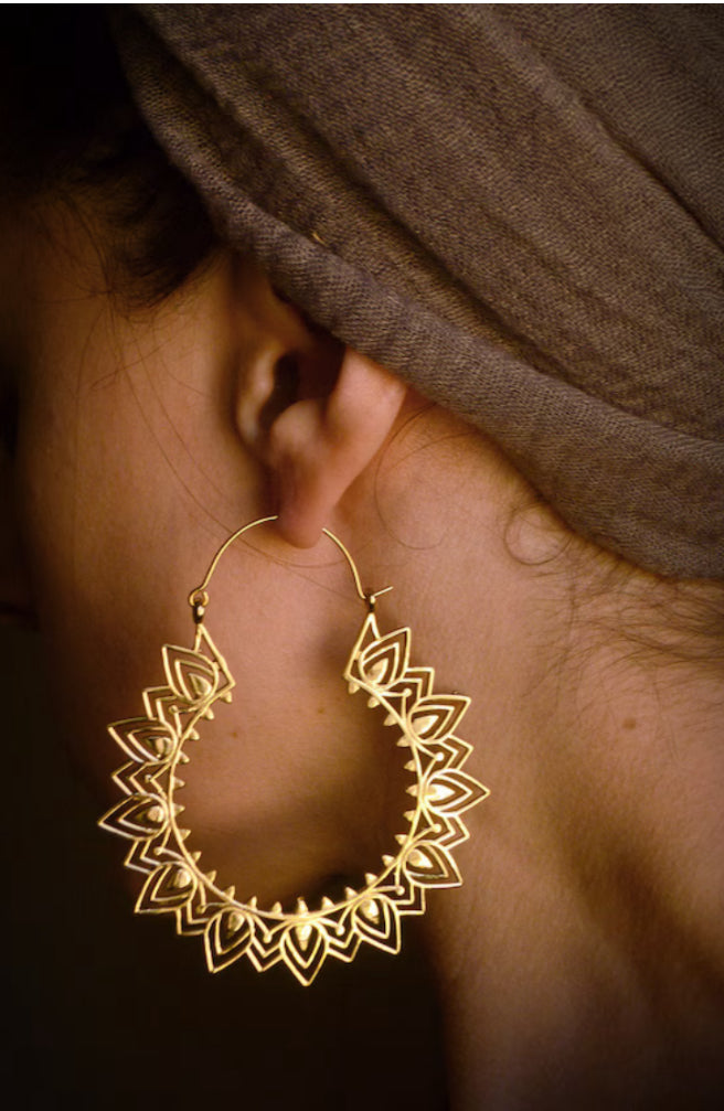 BOHO Gold Brass Earrings “Sanur” Bali Inspired Mandala Hoops - JazzyJewelbyAmina 