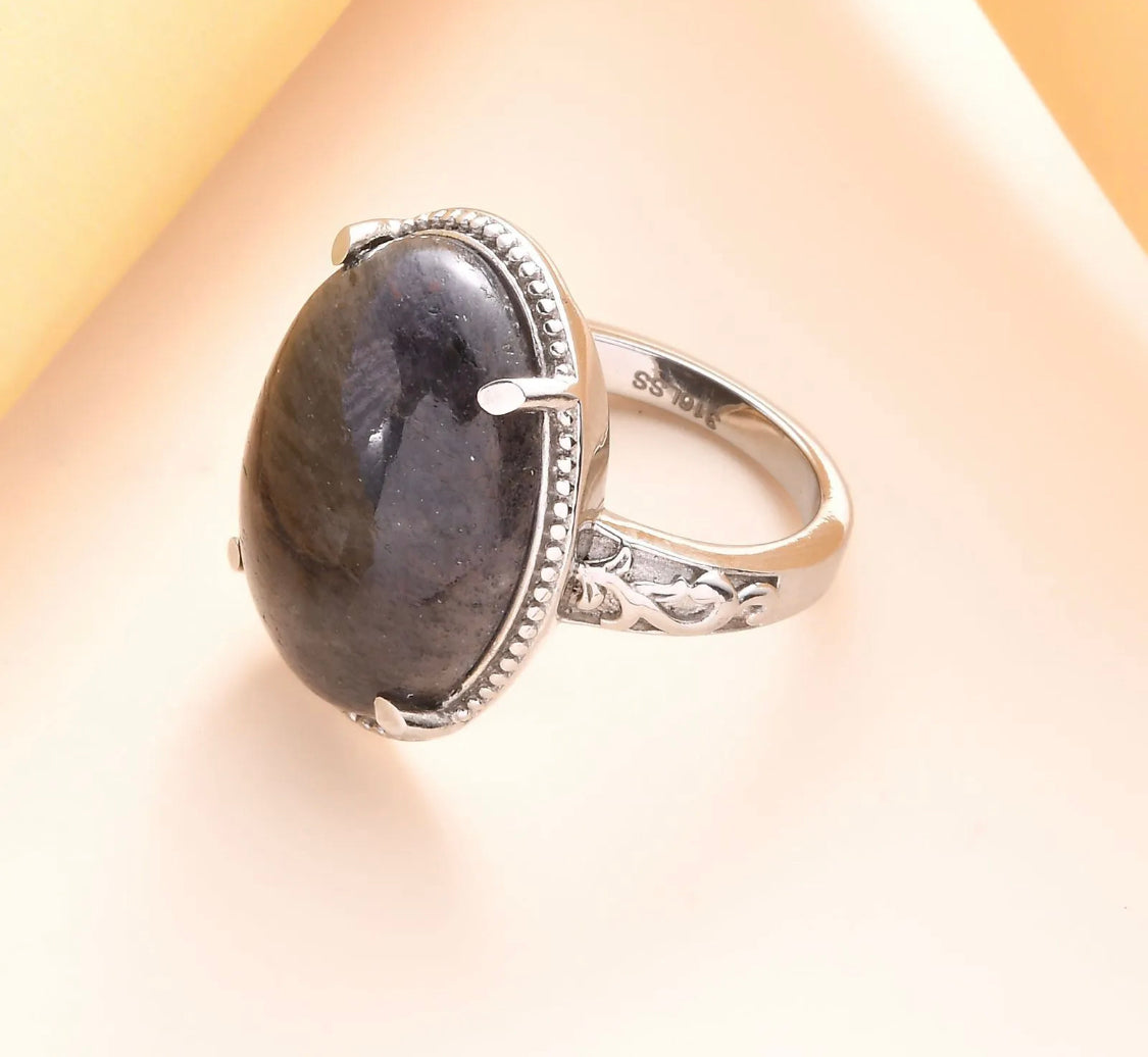 Stainless Steel Natural Blue Aventurine Solitaire Ring Jewelry Size 7 Ct 13.7 - JazzyJewelbyAmina 