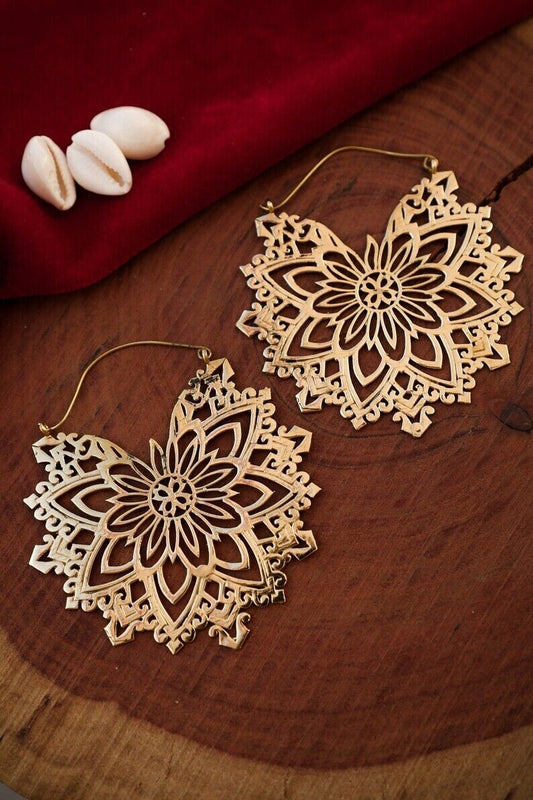 Boho Gold Brass Large Earrings - Large Mandala - JazzyJewelbyAmina 