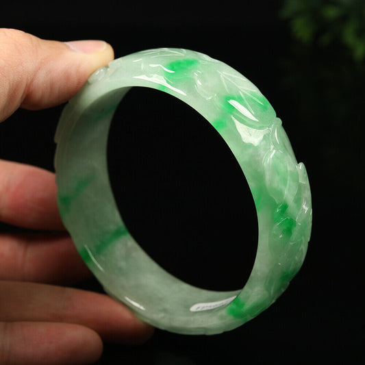 VINTAGE XL Jadeite Green Jade Bangle - Size 65mm Hand Carved Dragon Lotus-Lunar Year! Y665 - JazzyJewelbyAmina 