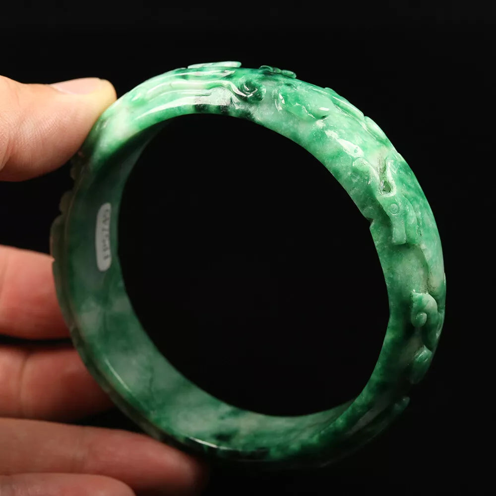 VINTAGE XXL Jadeite Green Jade Bangle Hand Carved Dragon Phoenix Fish Size 67mm L749 - JazzyJewelbyAmina 