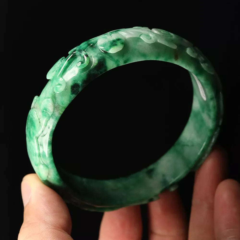 VINTAGE XXL Jadeite Green Jade Bangle Hand Carved Dragon Phoenix Fish Size 67mm L749 - JazzyJewelbyAmina 