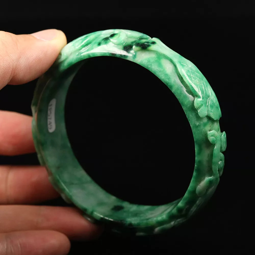 VINTAGE XXL Jadeite Green Jade Bangle Hand Carved Dragon Phoenix Fish Size 67mm L749 - JazzyJewelbyAmina 