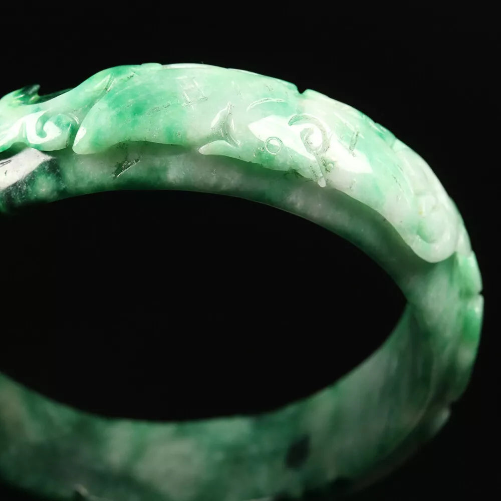 VINTAGE XXL Jadeite Green Jade Bangle Hand Carved Dragon Phoenix Fish Size 67mm L749 - JazzyJewelbyAmina 