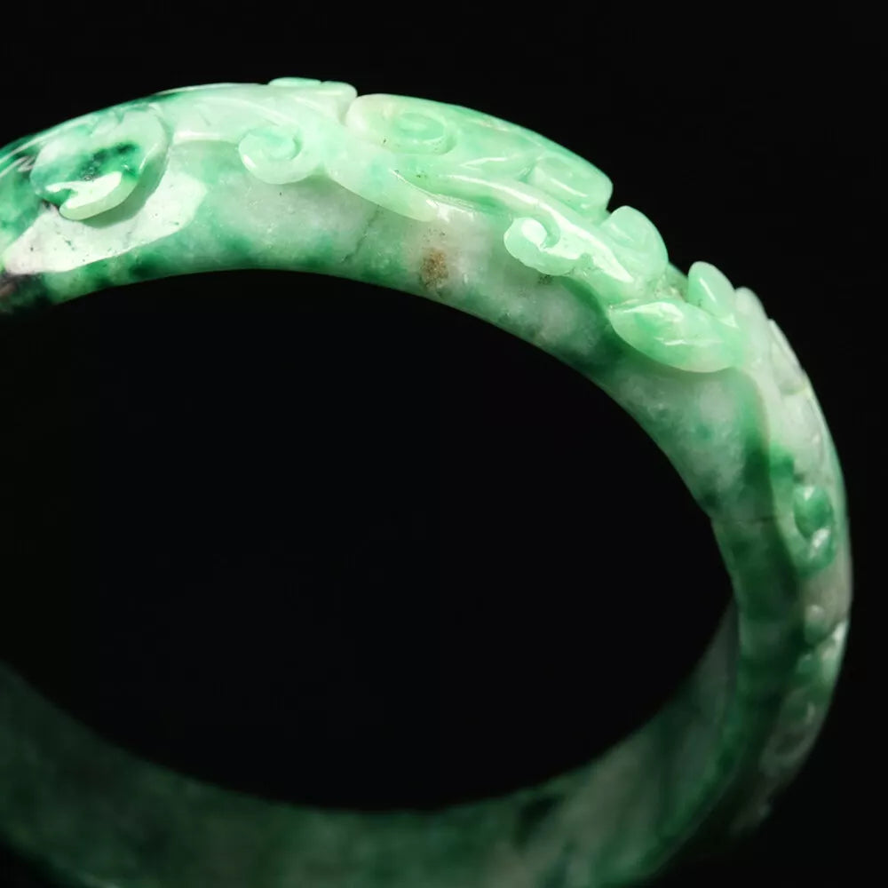 VINTAGE XXL Jadeite Green Jade Bangle Hand Carved Dragon Phoenix Fish Size 67mm L749 - JazzyJewelbyAmina 