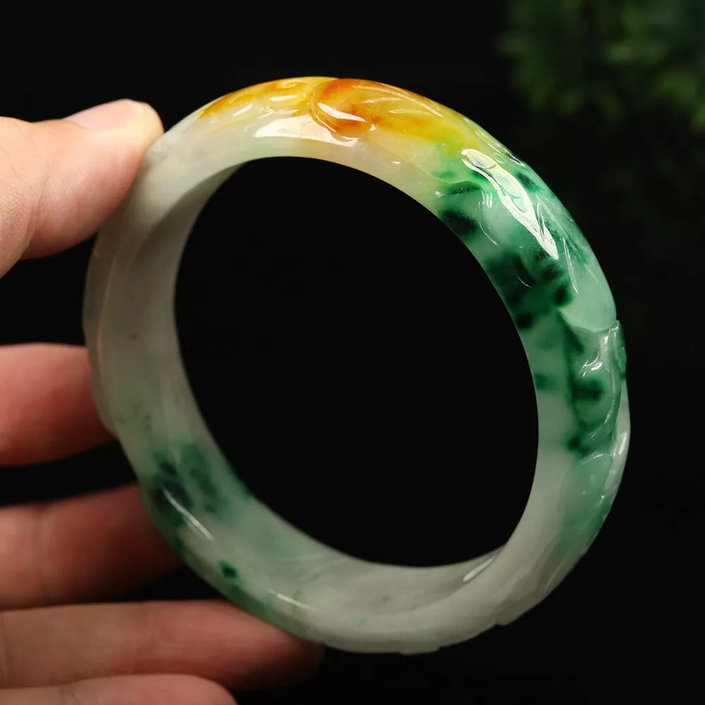 VINTAGE XXL Jadeite Green/Brown/White Jade Bangle Hand Carved Size 67mm Dragon Lotus Bat - Fine Unique Piece G670 - JazzyJewelbyAmina 