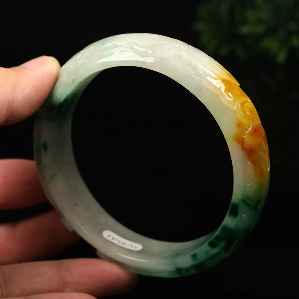 VINTAGE XXL Jadeite Green/Brown/White Jade Bangle Hand Carved Size 67mm Dragon Lotus Bat - Fine Unique Piece G670 - JazzyJewelbyAmina 