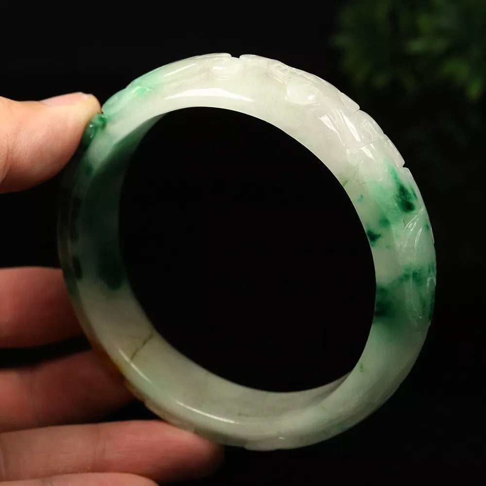 VINTAGE XXL Jadeite Green/Brown/White Jade Bangle Hand Carved Size 67mm Dragon Lotus Bat - Fine Unique Piece G670 - JazzyJewelbyAmina 