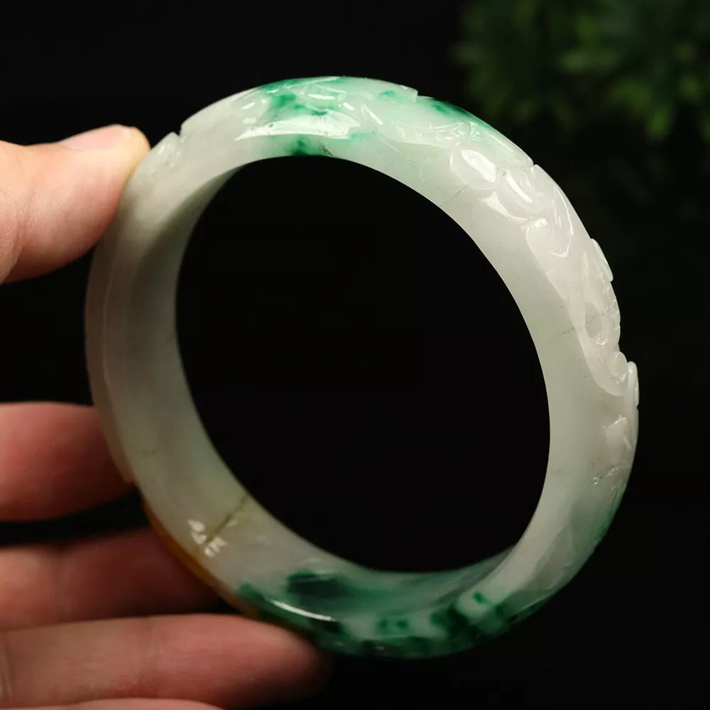 VINTAGE XXL Jadeite Green/Brown/White Jade Bangle Hand Carved Size 67mm Dragon Lotus Bat - Fine Unique Piece G670 - JazzyJewelbyAmina 