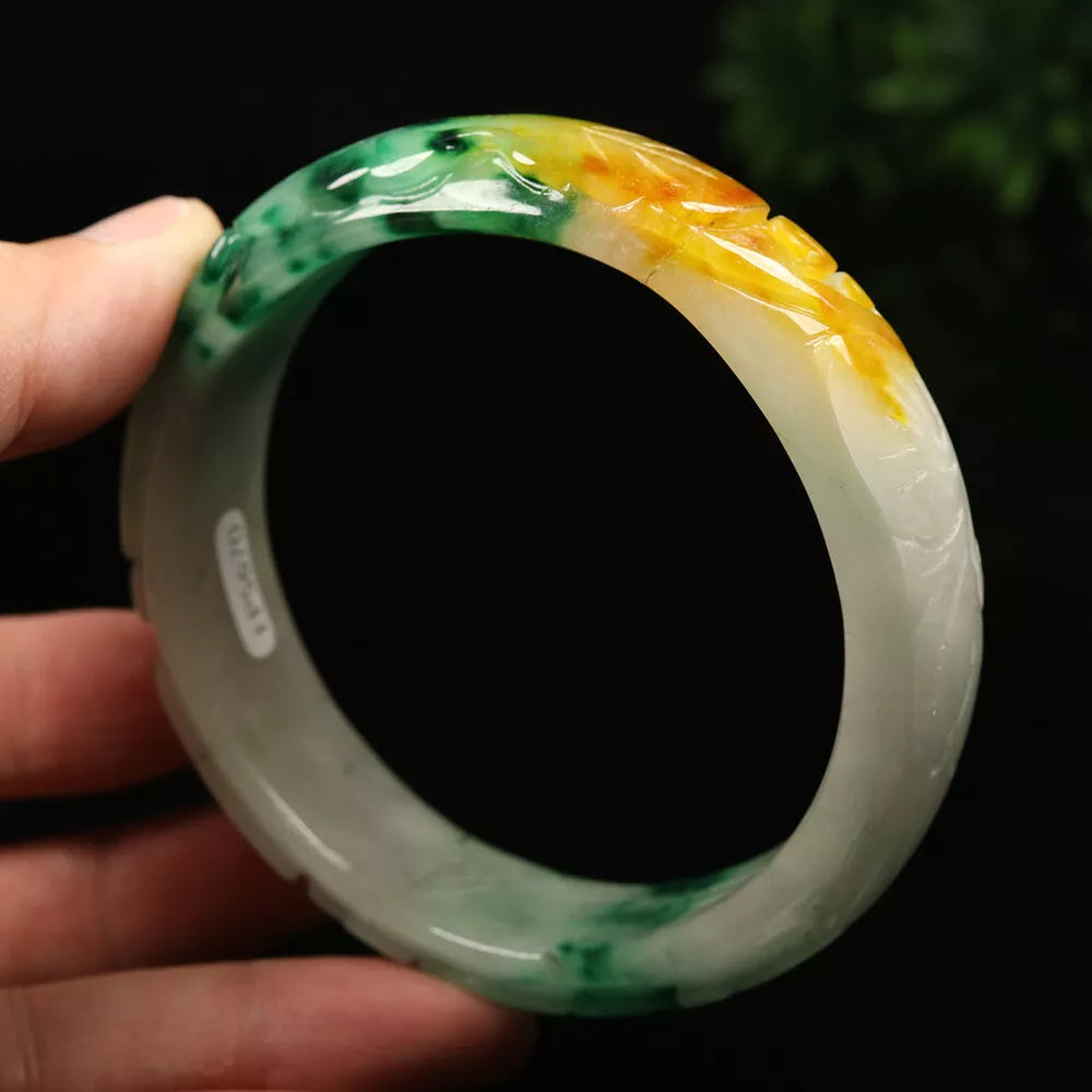 VINTAGE XXL Jadeite Green/Brown/White Jade Bangle Hand Carved Size 67mm Dragon Lotus Bat - Fine Unique Piece G670 - JazzyJewelbyAmina 