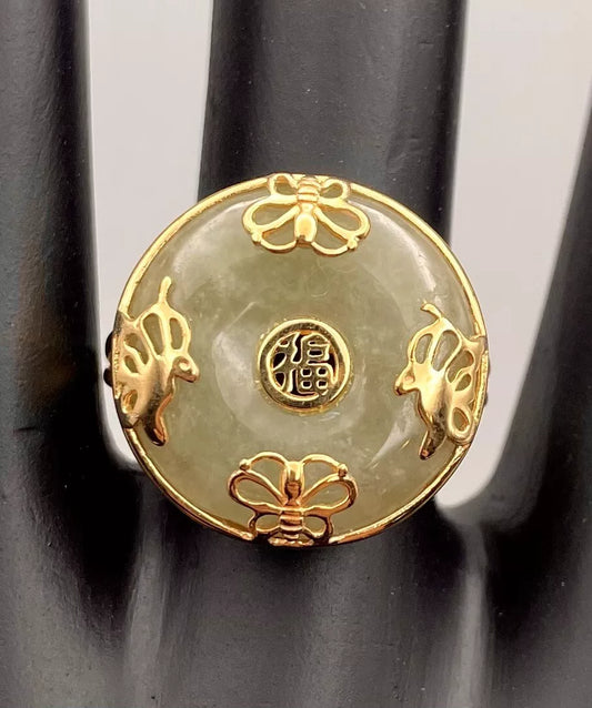 VINTAGE 18k Yellow Gold Over Sterling Silver Jade Good Luck Fortune Statement Ring, Size 7 - - JazzyJewelbyAmina 