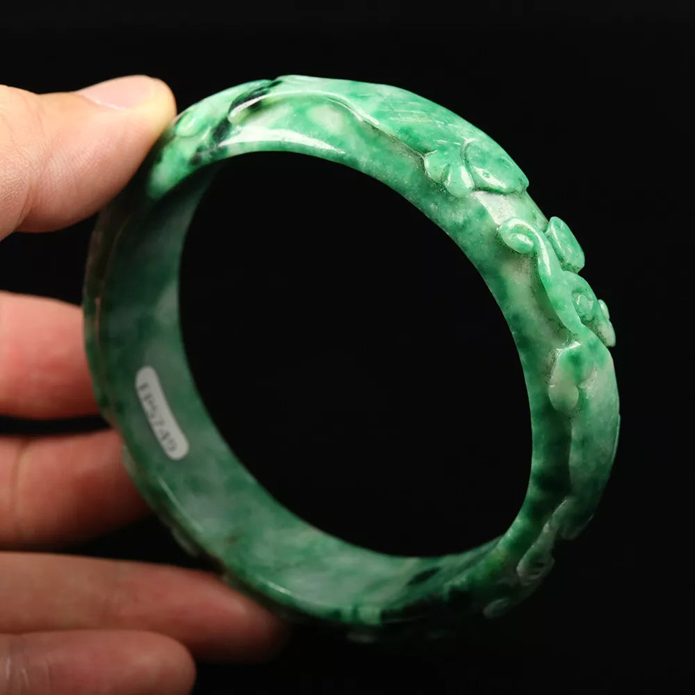 VINTAGE XXL Jadeite Green Jade Bangle Hand Carved Dragon Phoenix Fish Size 67mm L749 - JazzyJewelbyAmina 