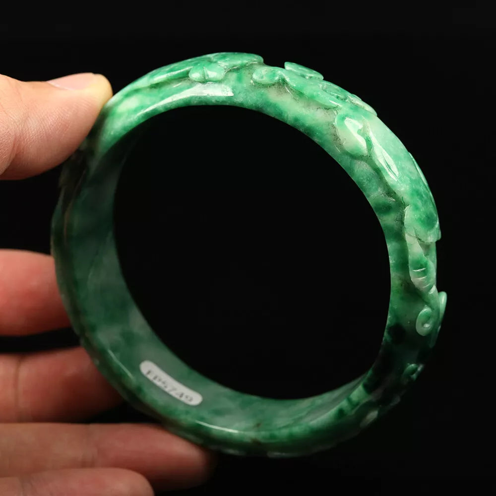 VINTAGE XXL Jadeite Green Jade Bangle Hand Carved Dragon Phoenix Fish Size 67mm L749 - JazzyJewelbyAmina 