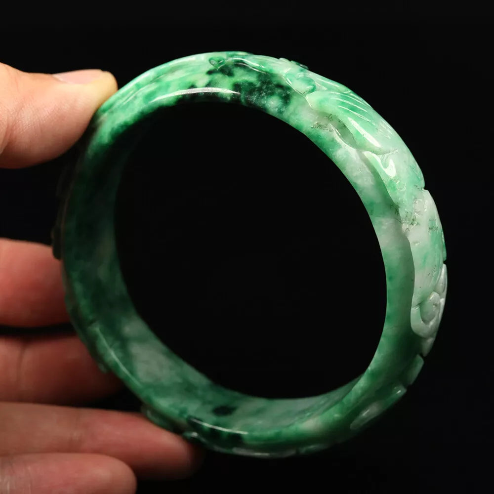 VINTAGE XXL Jadeite Green Jade Bangle Hand Carved Dragon Phoenix Fish Size 67mm L749 - JazzyJewelbyAmina 
