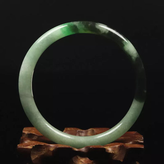 VINTAGE Medium Jadeite Green /Black Jade Bangle - Round Princess Thin Cur - Size 59mm 'FINE HAIRLINE CRACK' U987 - JazzyJewelbyAmina 
