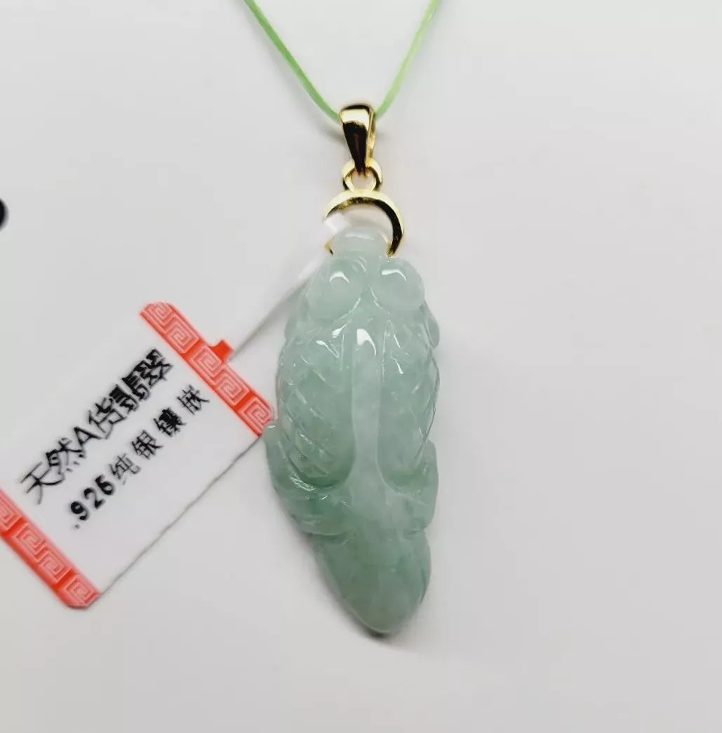 VINTAGE Jadeite Pale Green Jade Fish Pendant with Gold Over Sterling Silver Bale - JazzyJewelbyAmina 