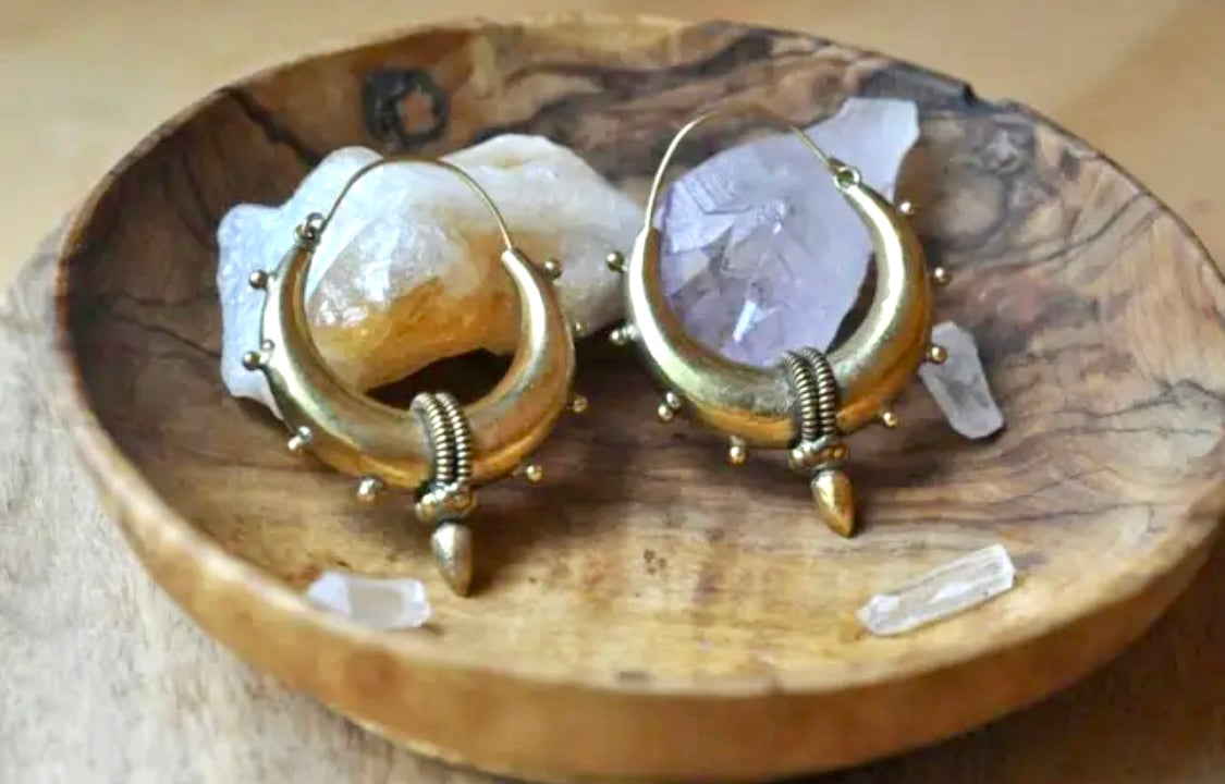 Brass Boho Earrings - Crescent Shaped Hoops - JazzyJewelbyAmina 
