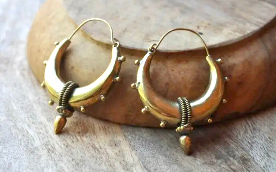 Brass Boho Earrings - Crescent Shaped Hoops - JazzyJewelbyAmina 