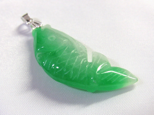 VINTAGE Jadeite Green Jade Fish Pendant - 925 Sterling Silver Bail- Lucky Jade Piece! M385 - JazzyJewelbyAmina 